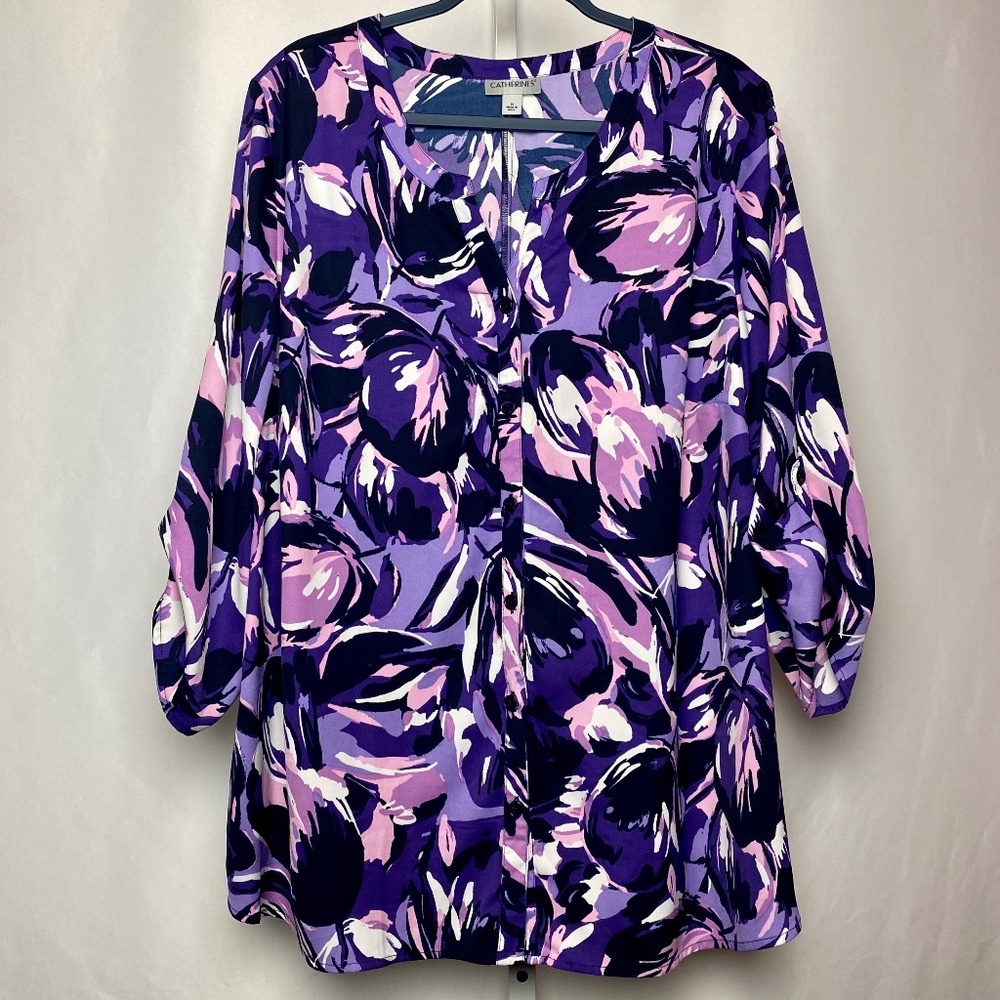 Catherines Womenʻs Plus Size Purple | Pink 3/4 Sleeve Button Down Blouse 1X